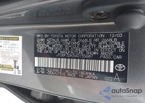 2004 Toyota Camry Le V6/Xle V6 из США, поврежденный, VIN JTDBF32K540155687